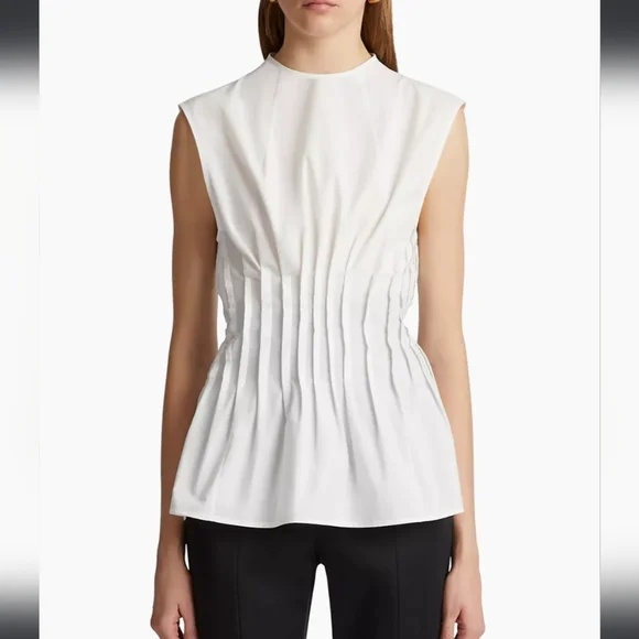 NWT$1,280 Khaite Westin Pintucked Seamed Cotton Poplin Top Sz 10 M - Picture 2 of 16